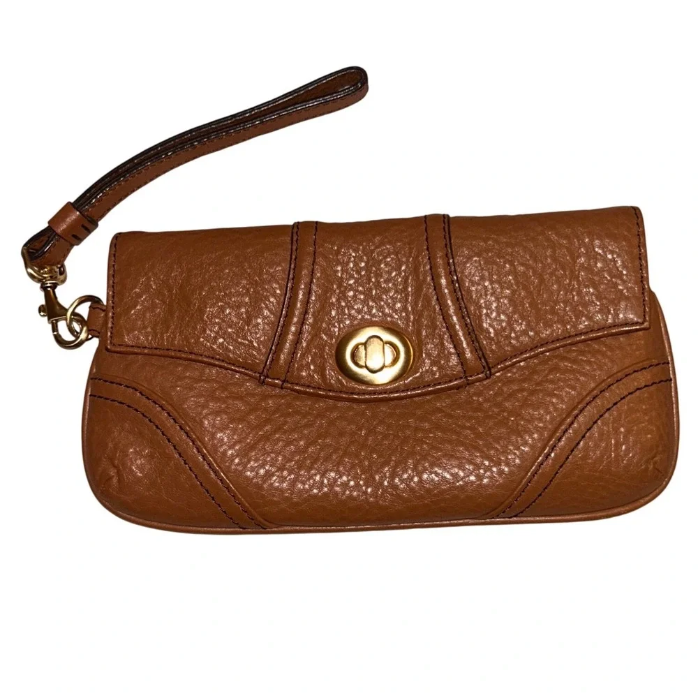Talbots Pebbled Leather Turnlock Wristlet‎ Tan Brown Gold Hardware Clutch Bag